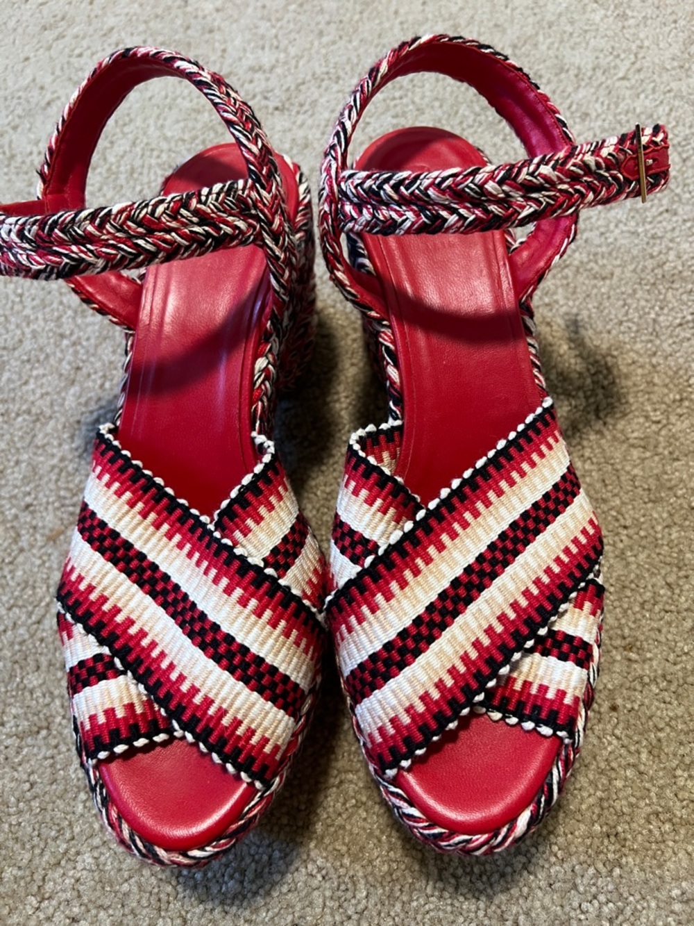 Anatolina Red, Cream & Black Striped Braided Platform Sandals